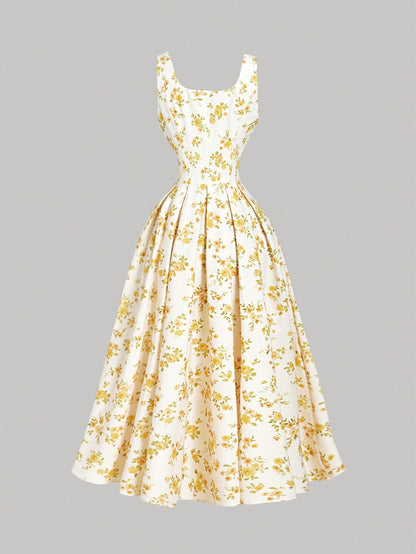 Skyraze Cream And Floral Midi Dress For Women,Collared Button Front Waist Cinched Summer Modest Flowy Tropical Cottagecore Picnic Dress,Beach Vacation Party