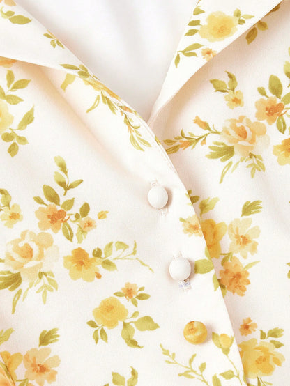Skyraze Cream And Floral Midi Dress For Women,Collared Button Front Waist Cinched Summer Modest Flowy Tropical Cottagecore Picnic Dress,Beach Vacation Party