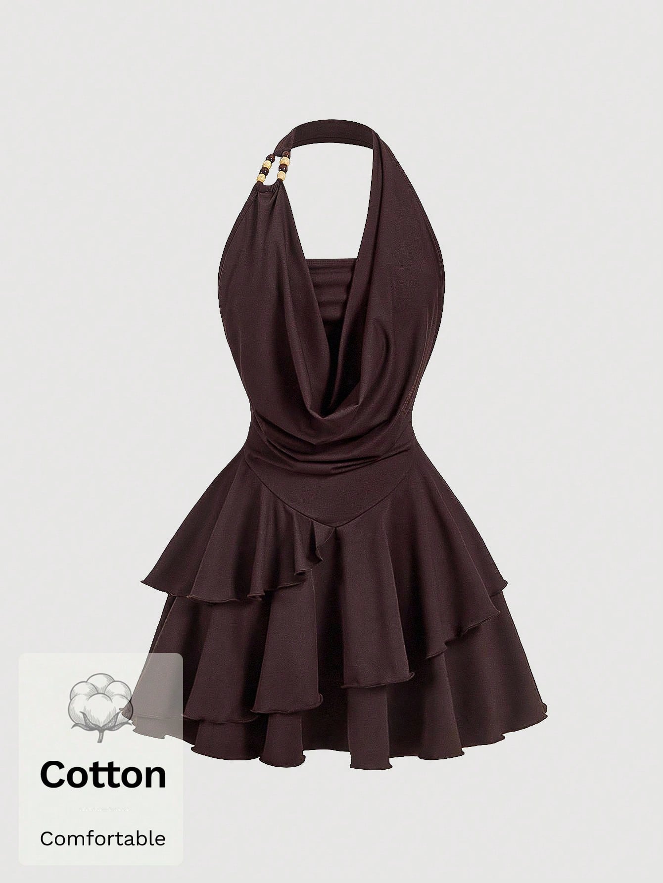 Skyraze Women's Dark Brown Cotton Halter Mini Dress,Backless Cowl Neck Fit&Flare Party Dress With Tiered Ruffle Hem,Summer Casual Vacation Holiday Outfit
