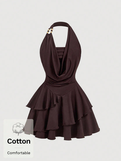 Skyraze Women's Dark Brown Cotton Halter Mini Dress,Backless Cowl Neck Fit&Flare Party Dress With Tiered Ruffle Hem,Summer Casual Vacation Holiday Outfit