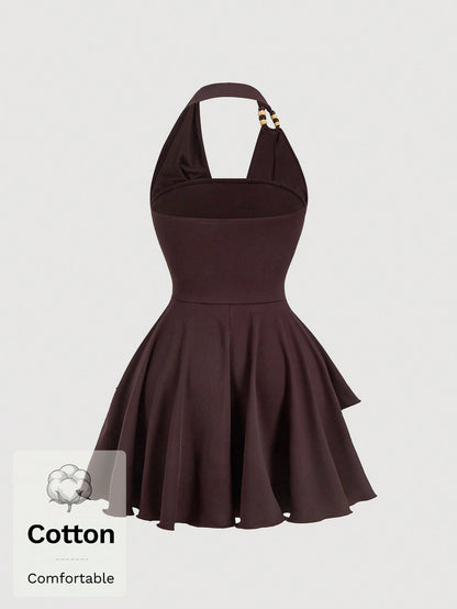 Skyraze Women's Dark Brown Cotton Halter Mini Dress,Backless Cowl Neck Fit&Flare Party Dress With Tiered Ruffle Hem,Summer Casual Vacation Holiday Outfit