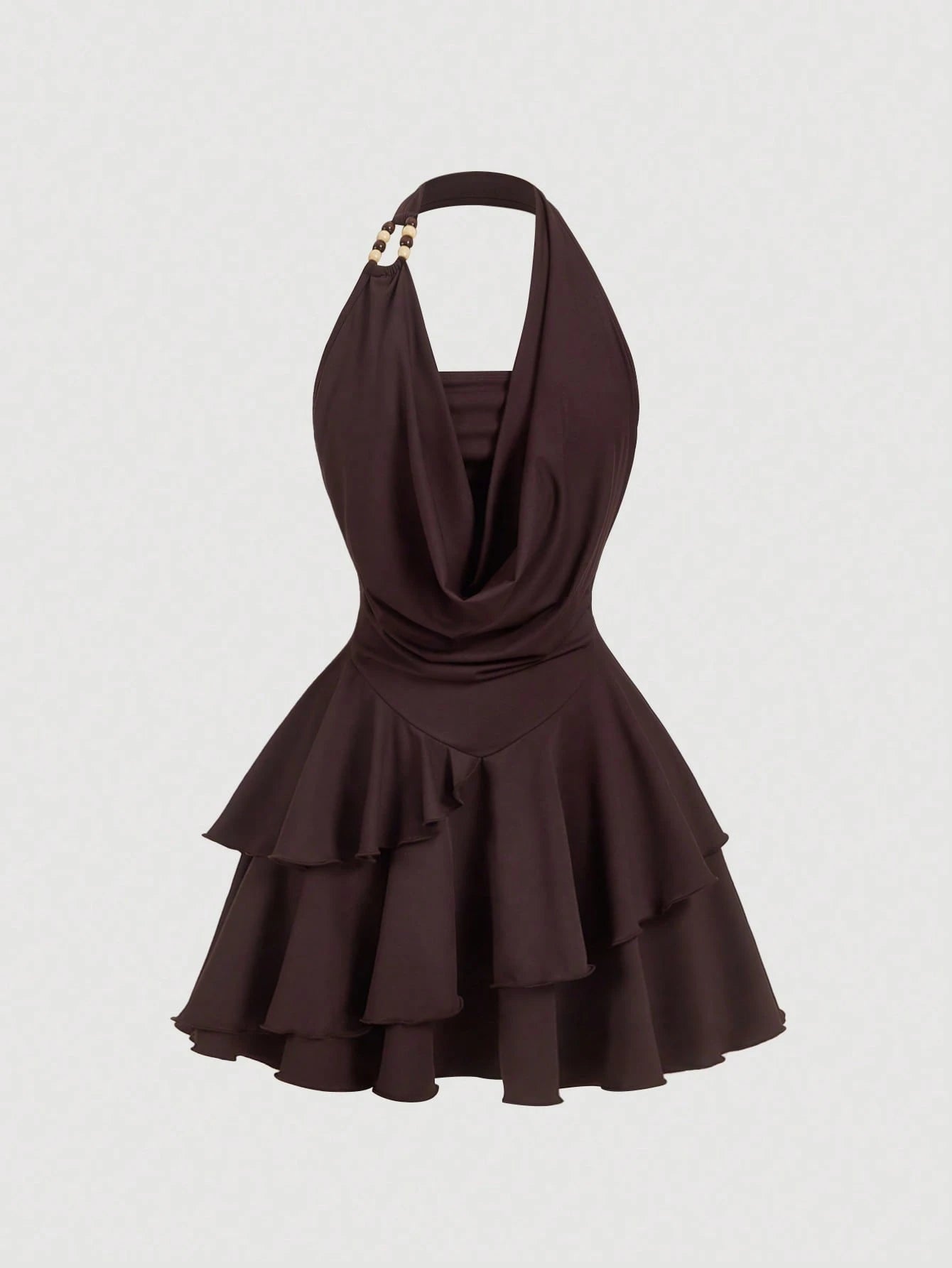 Skyraze Women's Dark Brown Cotton Halter Mini Dress,Backless Cowl Neck Fit&Flare Party Dress With Tiered Ruffle Hem,Summer Casual Vacation Holiday Outfit