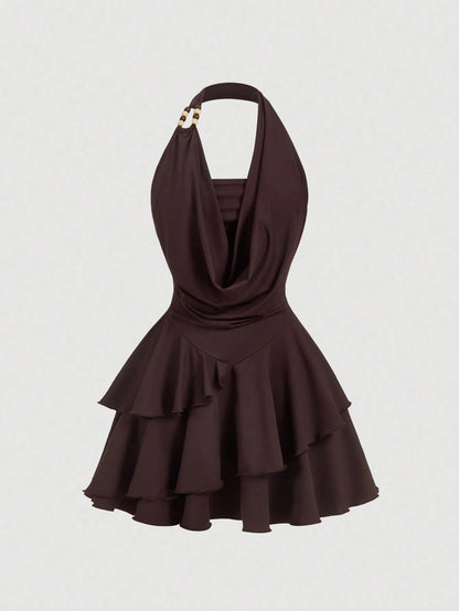 Skyraze Women's Dark Brown Cotton Halter Mini Dress,Backless Cowl Neck Fit&Flare Party Dress With Tiered Ruffle Hem,Summer Casual Vacation Holiday Outfit