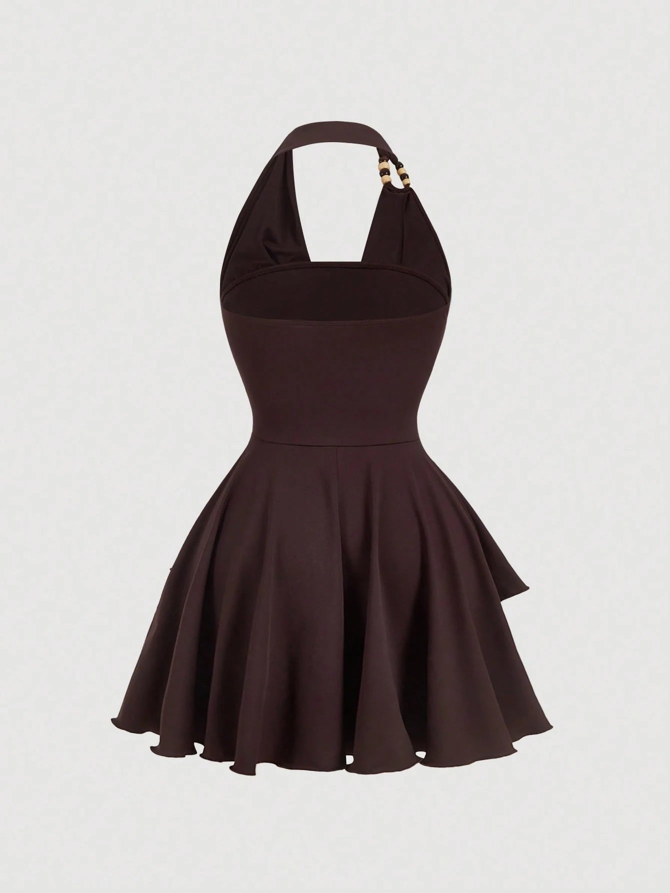 Skyraze Women's Dark Brown Cotton Halter Mini Dress,Backless Cowl Neck Fit&Flare Party Dress With Tiered Ruffle Hem,Summer Casual Vacation Holiday Outfit