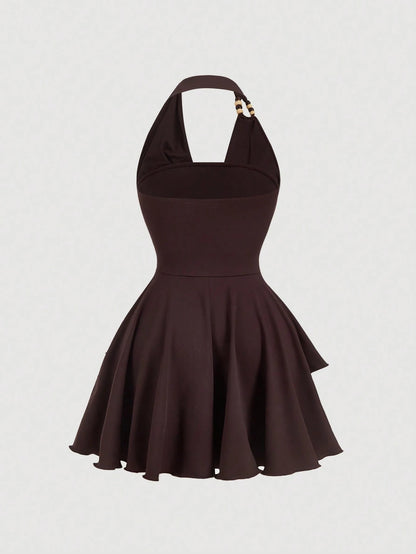 Skyraze Women's Dark Brown Cotton Halter Mini Dress,Backless Cowl Neck Fit&Flare Party Dress With Tiered Ruffle Hem,Summer Casual Vacation Holiday Outfit