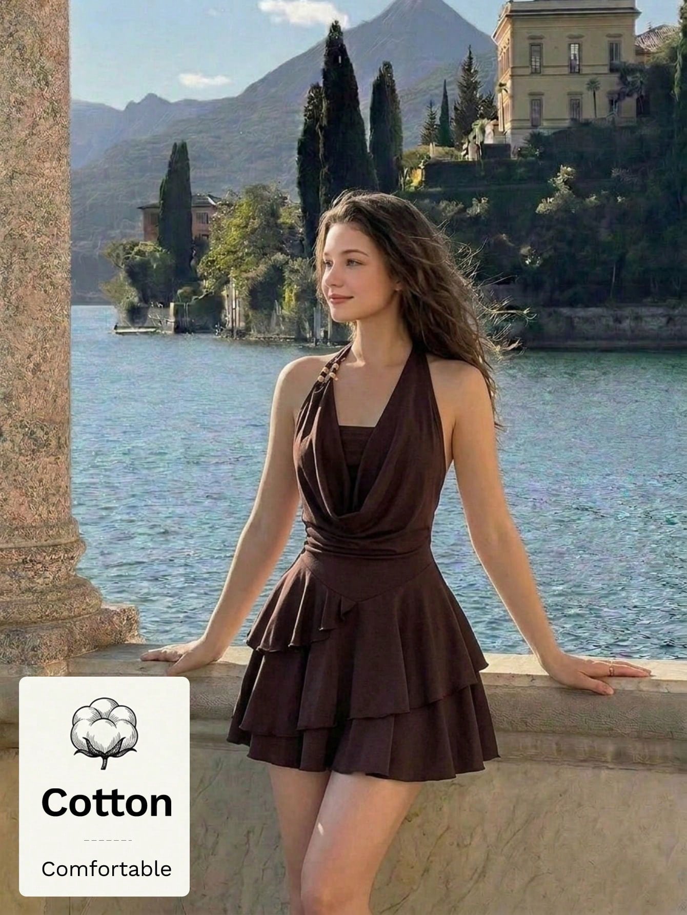 Skyraze Women's Dark Brown Cotton Halter Mini Dress,Backless Cowl Neck Fit&Flare Party Dress With Tiered Ruffle Hem,Summer Casual Vacation Holiday Outfit