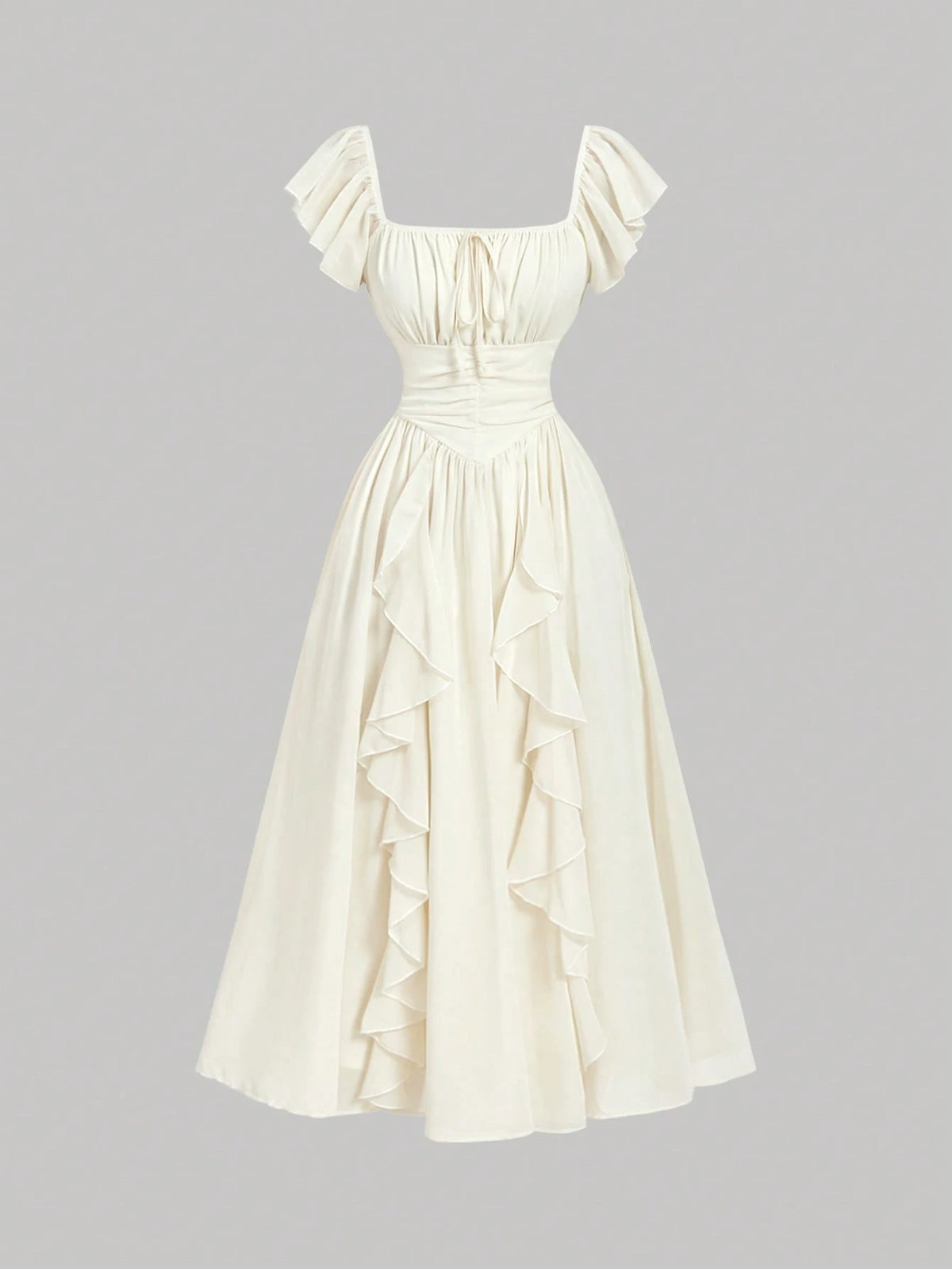 Skyraze Women's Elegant Cream White Ruffled Maxi Dress,Modest Summer Boho Milkmaid Dress,Victorian Vintage Cottagecore Garden Picnic Holiday Wedding Guest
