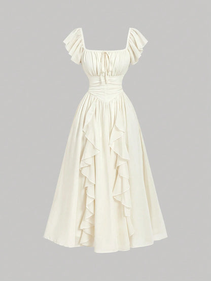 Skyraze Women's Elegant Cream White Ruffled Maxi Dress,Modest Summer Boho Milkmaid Dress,Victorian Vintage Cottagecore Garden Picnic Holiday Wedding Guest