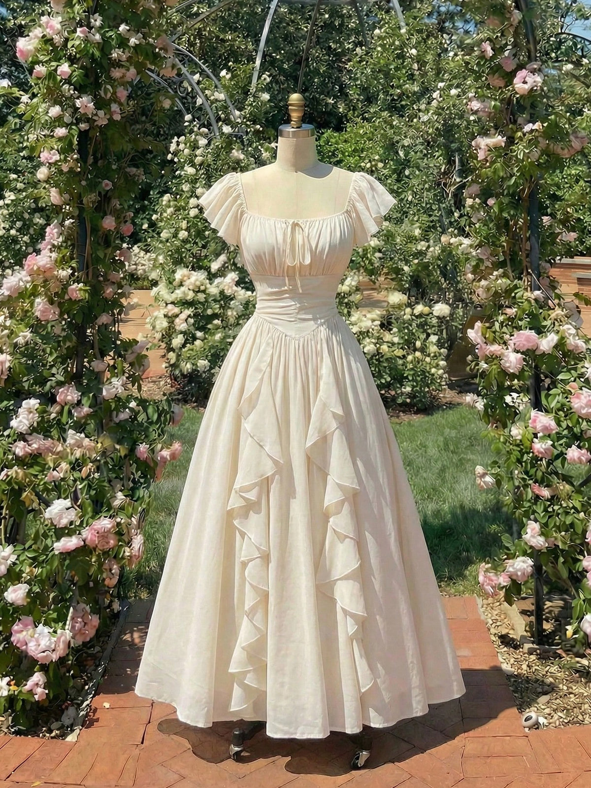Skyraze Women's Elegant Cream White Ruffled Maxi Dress,Modest Summer Boho Milkmaid Dress,Victorian Vintage Cottagecore Garden Picnic Holiday Wedding Guest
