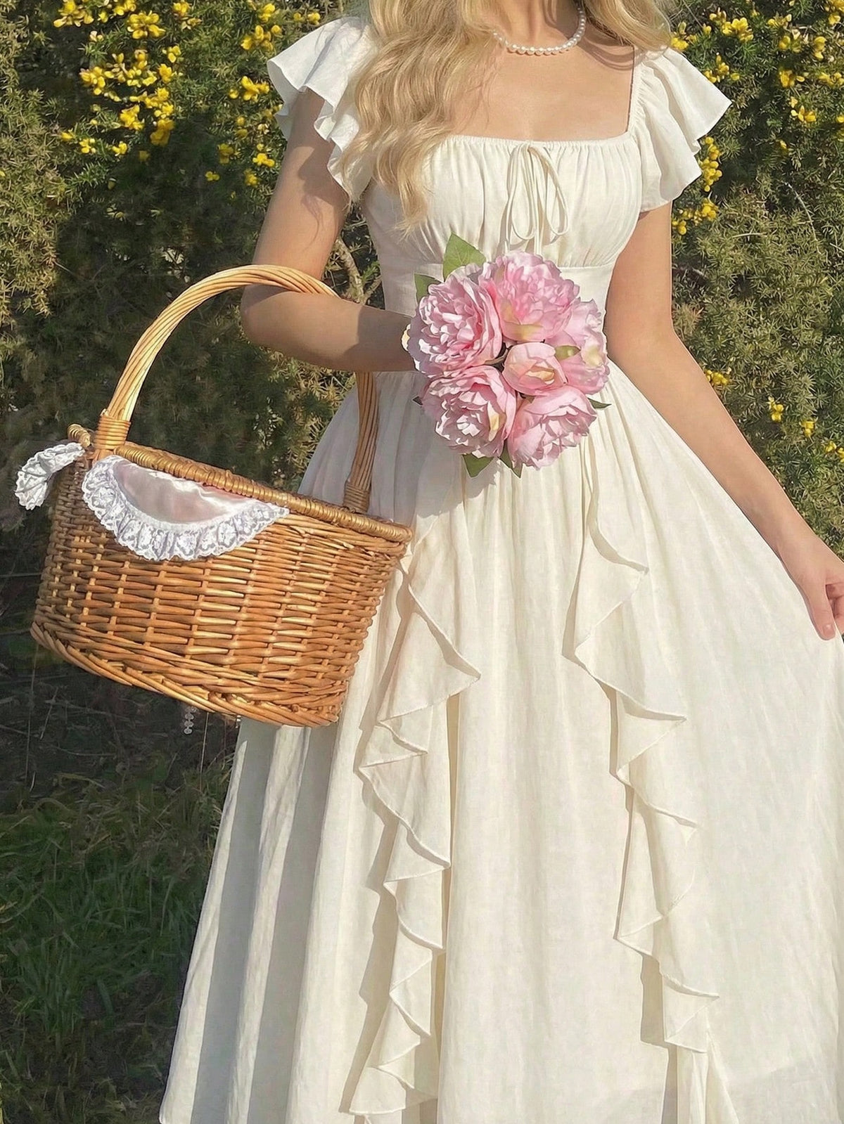Skyraze Women's Elegant Cream White Ruffled Maxi Dress,Modest Summer Boho Milkmaid Dress,Victorian Vintage Cottagecore Garden Picnic Holiday Wedding Guest