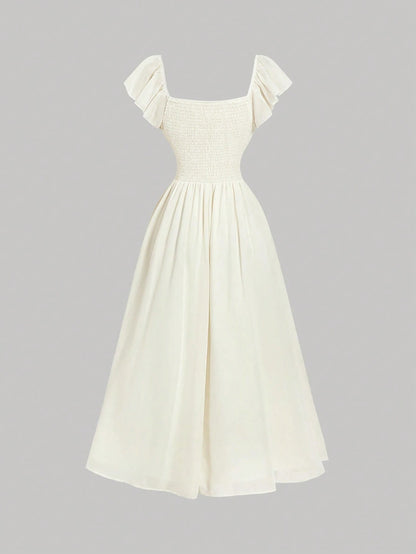 Skyraze Women's Elegant Cream White Ruffled Maxi Dress,Modest Summer Boho Milkmaid Dress,Victorian Vintage Cottagecore Garden Picnic Holiday Wedding Guest