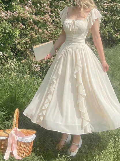 Skyraze Women's Elegant Cream White Ruffled Maxi Dress,Modest Summer Boho Milkmaid Dress,Victorian Vintage Cottagecore Garden Picnic Holiday Wedding Guest
