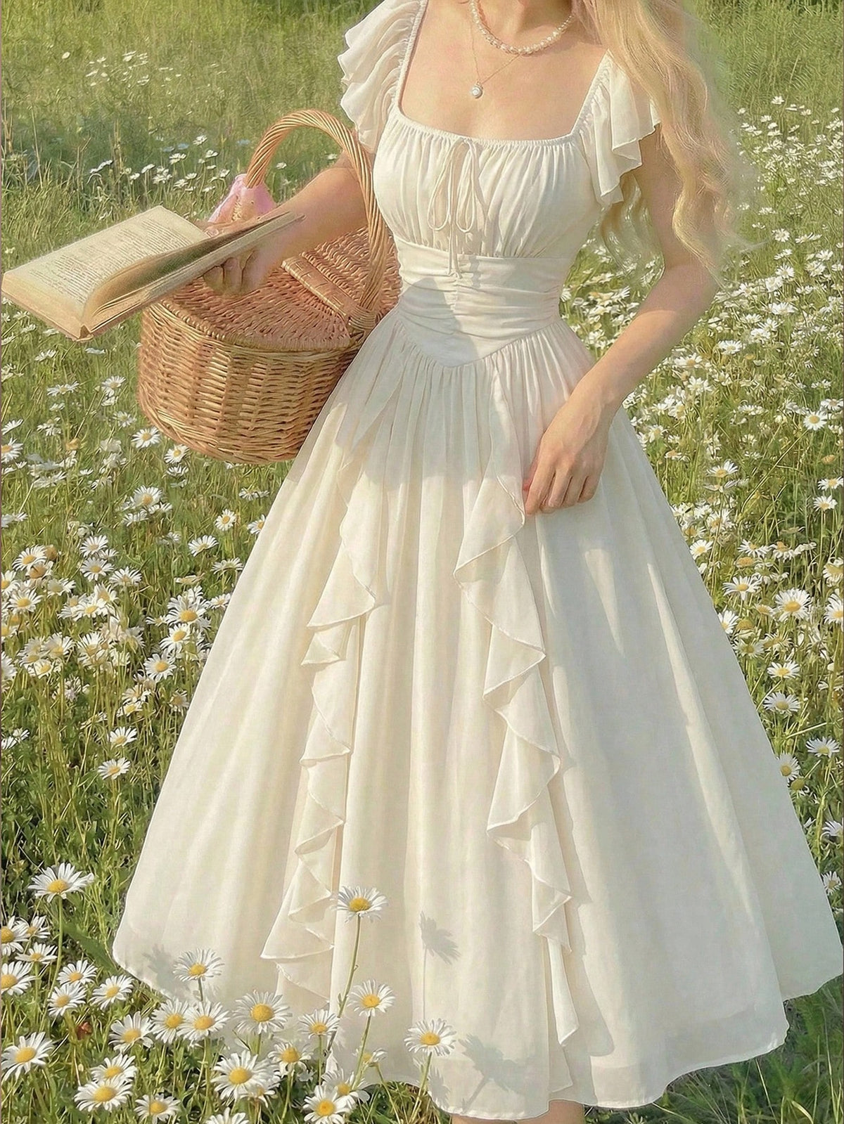 Skyraze Women's Elegant Cream White Ruffled Maxi Dress,Modest Summer Boho Milkmaid Dress,Victorian Vintage Cottagecore Garden Picnic Holiday Wedding Guest