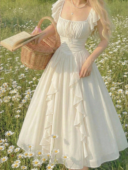 Skyraze Women's Elegant Cream White Ruffled Maxi Dress,Modest Summer Boho Milkmaid Dress,Victorian Vintage Cottagecore Garden Picnic Holiday Wedding Guest