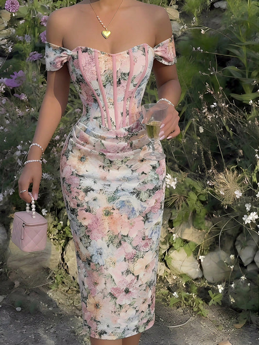 Skyraze Women's Floral Print Off Shoulder Ruched Fitted Dress Wedding Vacation Party Pink And White Polka Dot Summer Elegant