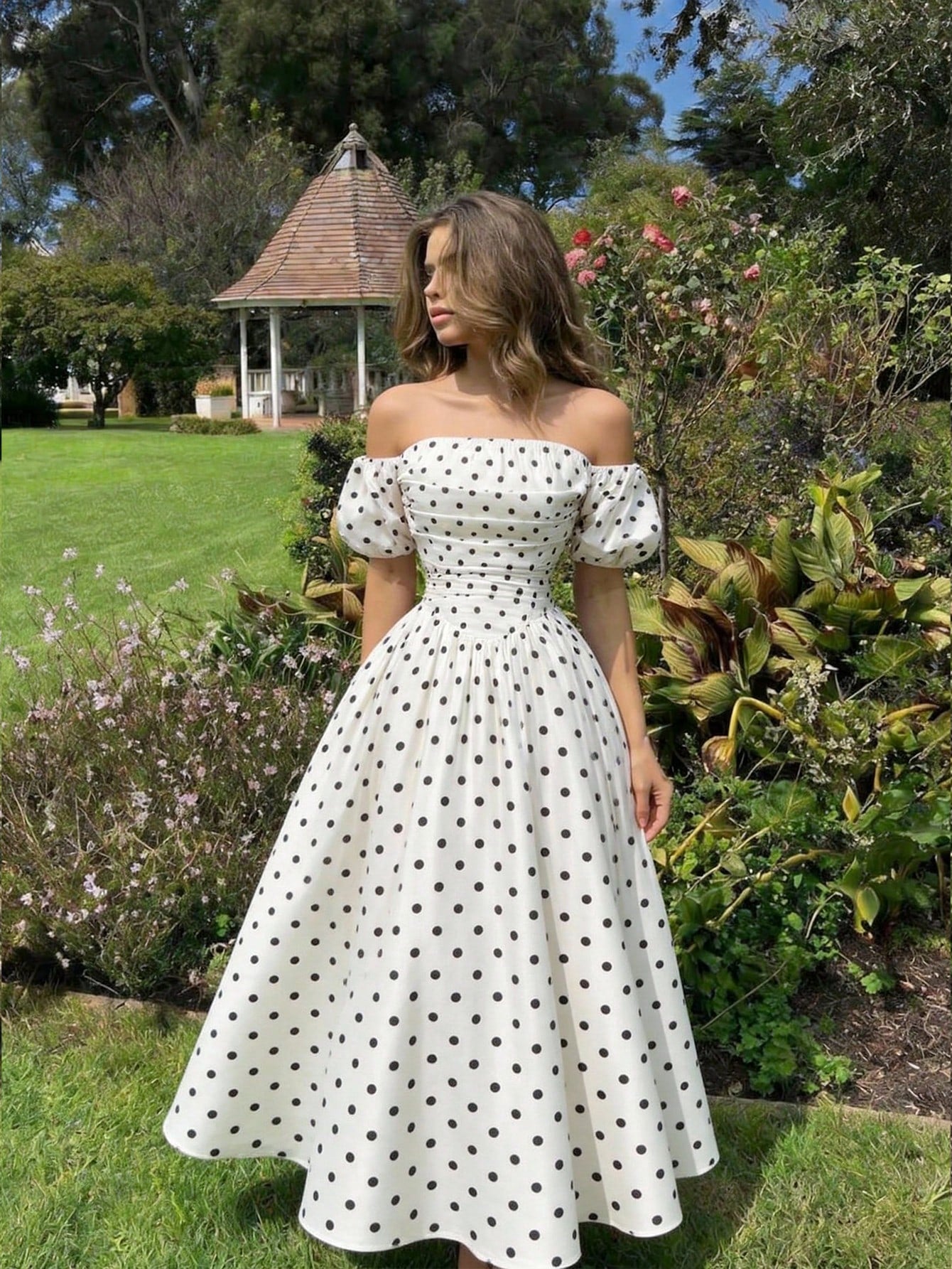Skyraze Women's Retro Off-Shoulder Puff Sleeve Mid-Length Dress,White With Black Polka Dots,Summer,Vintage,Garden Party,Valentine's Day,Carnival,Wedding,70S