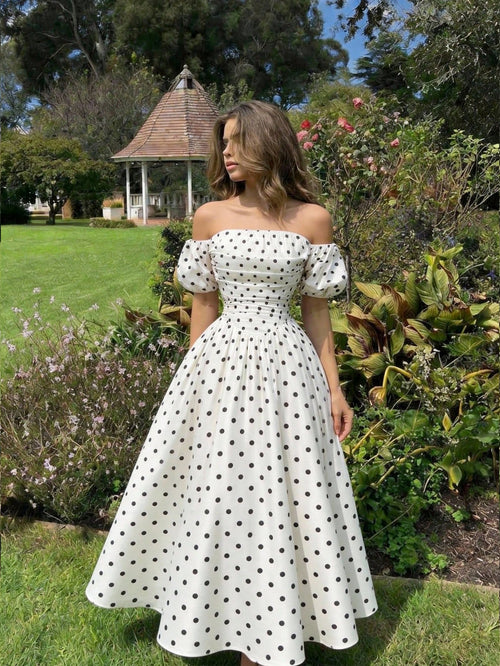Skyraze Women's Retro Off-Shoulder Puff Sleeve Mid-Length Dress,White With Black Polka Dots,Summer,Vintage,Garden Party,Valentine's Day,Carnival,Wedding,70S