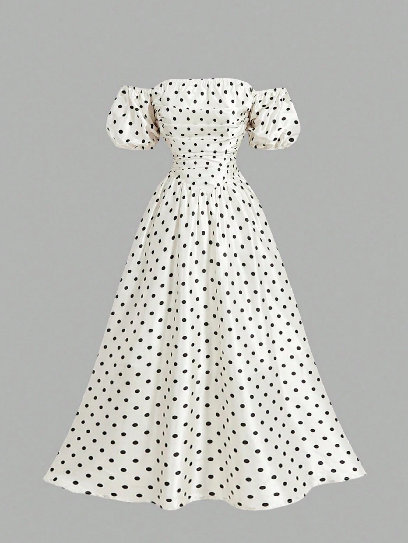Skyraze Women's Retro Off-Shoulder Puff Sleeve Mid-Length Dress,White With Black Polka Dots,Summer,Vintage,Garden Party,Valentine's Day,Carnival,Wedding,70S