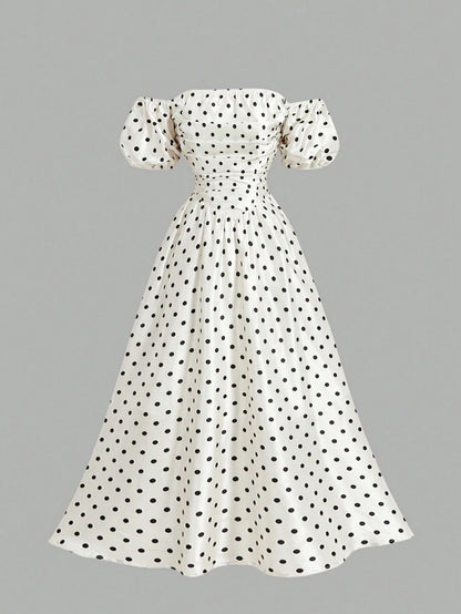 Skyraze Women's Retro Off-Shoulder Puff Sleeve Mid-Length Dress,White With Black Polka Dots,Summer,Vintage,Garden Party,Valentine's Day,Carnival,Wedding,70S