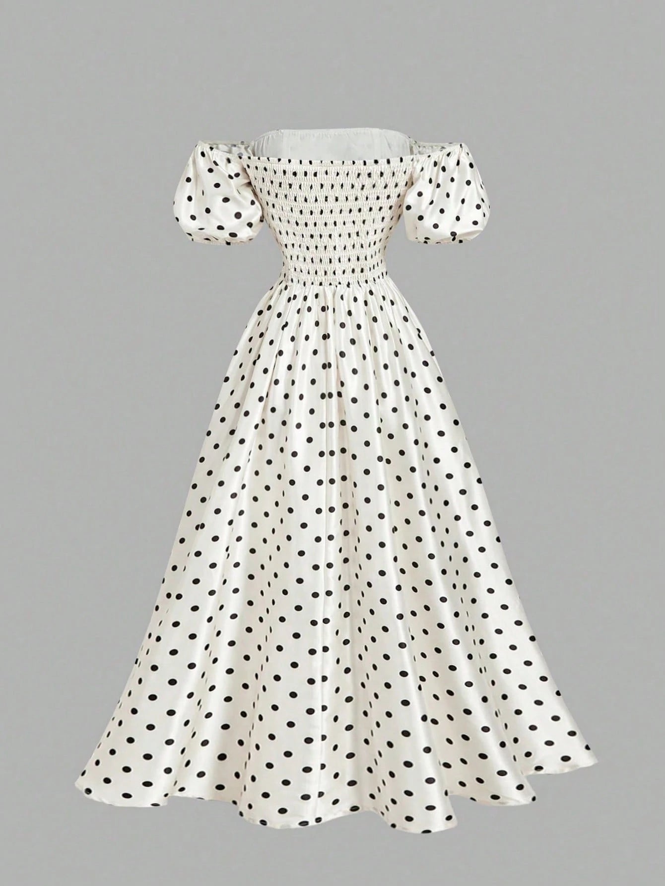 Skyraze Women's Retro Off-Shoulder Puff Sleeve Mid-Length Dress,White With Black Polka Dots,Summer,Vintage,Garden Party,Valentine's Day,Carnival,Wedding,70S