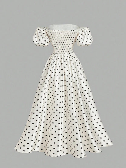 Skyraze Women's Retro Off-Shoulder Puff Sleeve Mid-Length Dress,White With Black Polka Dots,Summer,Vintage,Garden Party,Valentine's Day,Carnival,Wedding,70S