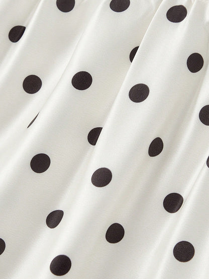 Skyraze Women's Retro Off-Shoulder Puff Sleeve Mid-Length Dress,White With Black Polka Dots,Summer,Vintage,Garden Party,Valentine's Day,Carnival,Wedding,70S