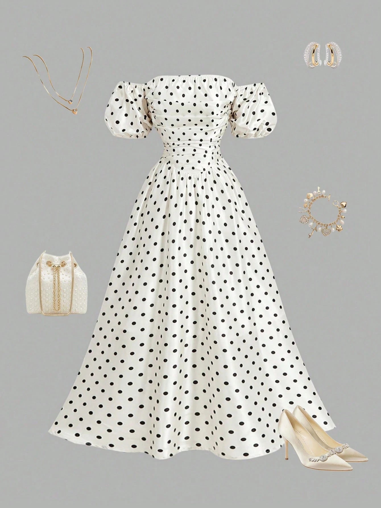 Skyraze Women's Retro Off-Shoulder Puff Sleeve Mid-Length Dress,White With Black Polka Dots,Summer,Vintage,Garden Party,Valentine's Day,Carnival,Wedding,70S