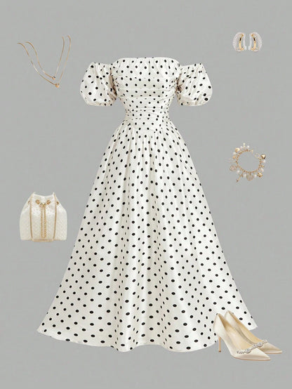 Skyraze Women's Retro Off-Shoulder Puff Sleeve Mid-Length Dress,White With Black Polka Dots,Summer,Vintage,Garden Party,Valentine's Day,Carnival,Wedding,70S