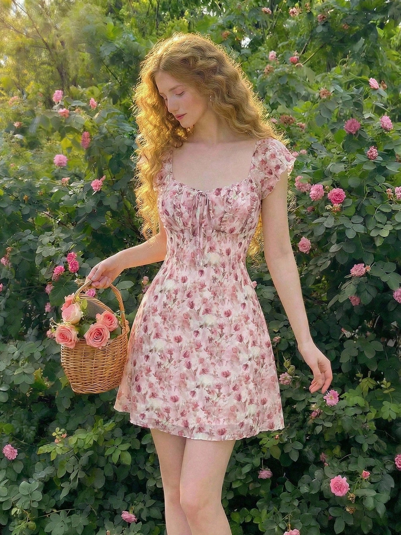 Skyraze Women's Vintage White And Pink Floral Print Knotted Ruched Round Neckline Dress For Summer,Cottage Core Picnic Tea Party Milkmaid Short Summer Dress