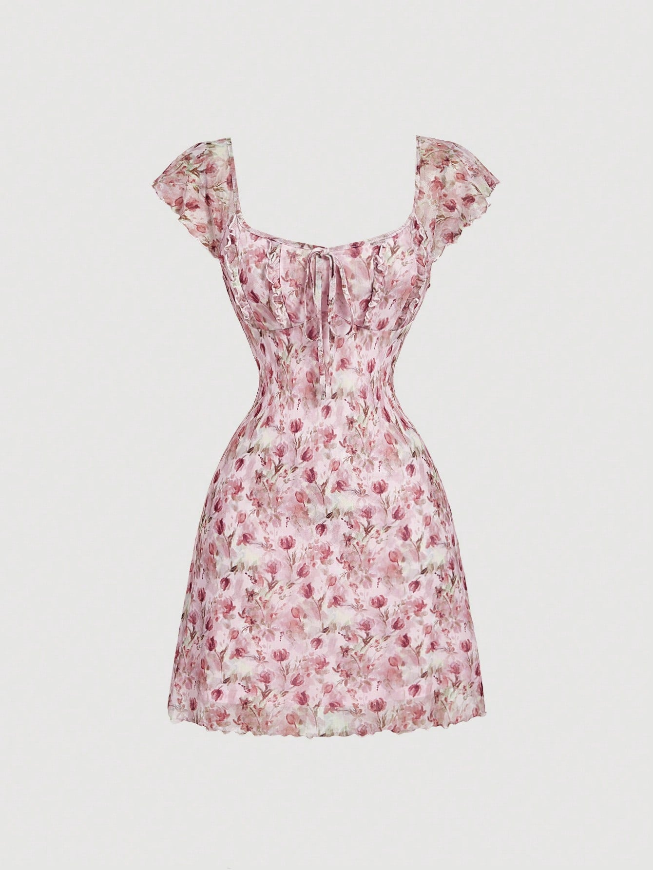Skyraze Women's Vintage White And Pink Floral Print Knotted Ruched Round Neckline Dress For Summer,Cottage Core Picnic Tea Party Milkmaid Short Summer Dress
