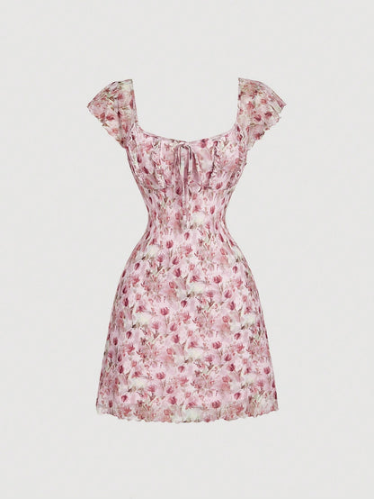 Skyraze Women's Vintage White And Pink Floral Print Knotted Ruched Round Neckline Dress For Summer,Cottage Core Picnic Tea Party Milkmaid Short Summer Dress