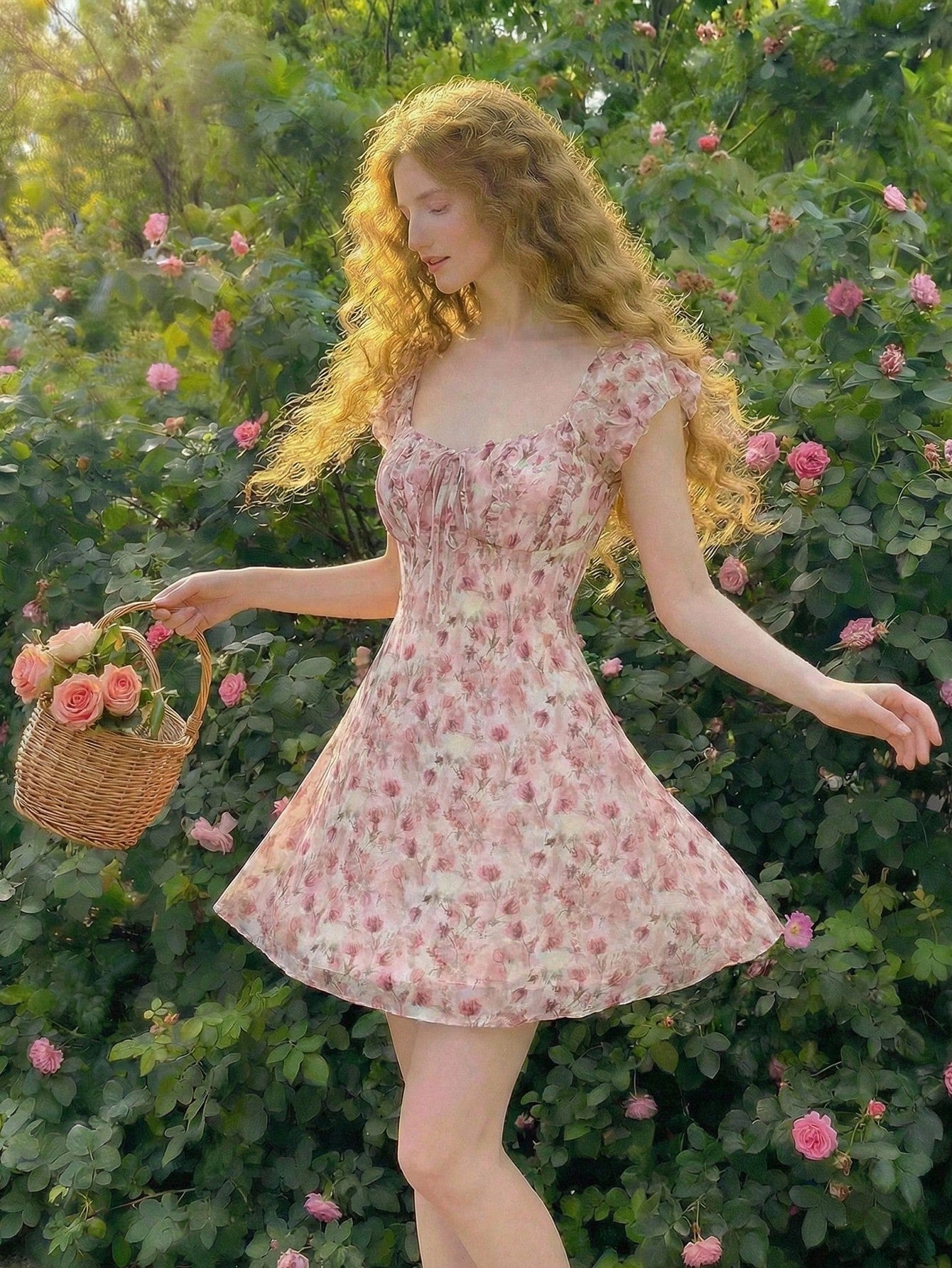 Skyraze Women's Vintage White And Pink Floral Print Knotted Ruched Round Neckline Dress For Summer,Cottage Core Picnic Tea Party Milkmaid Short Summer Dress