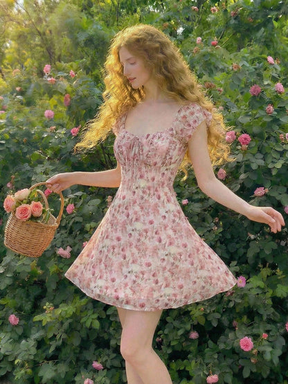 Skyraze Women's Vintage White And Pink Floral Print Knotted Ruched Round Neckline Dress For Summer,Cottage Core Picnic Tea Party Milkmaid Short Summer Dress