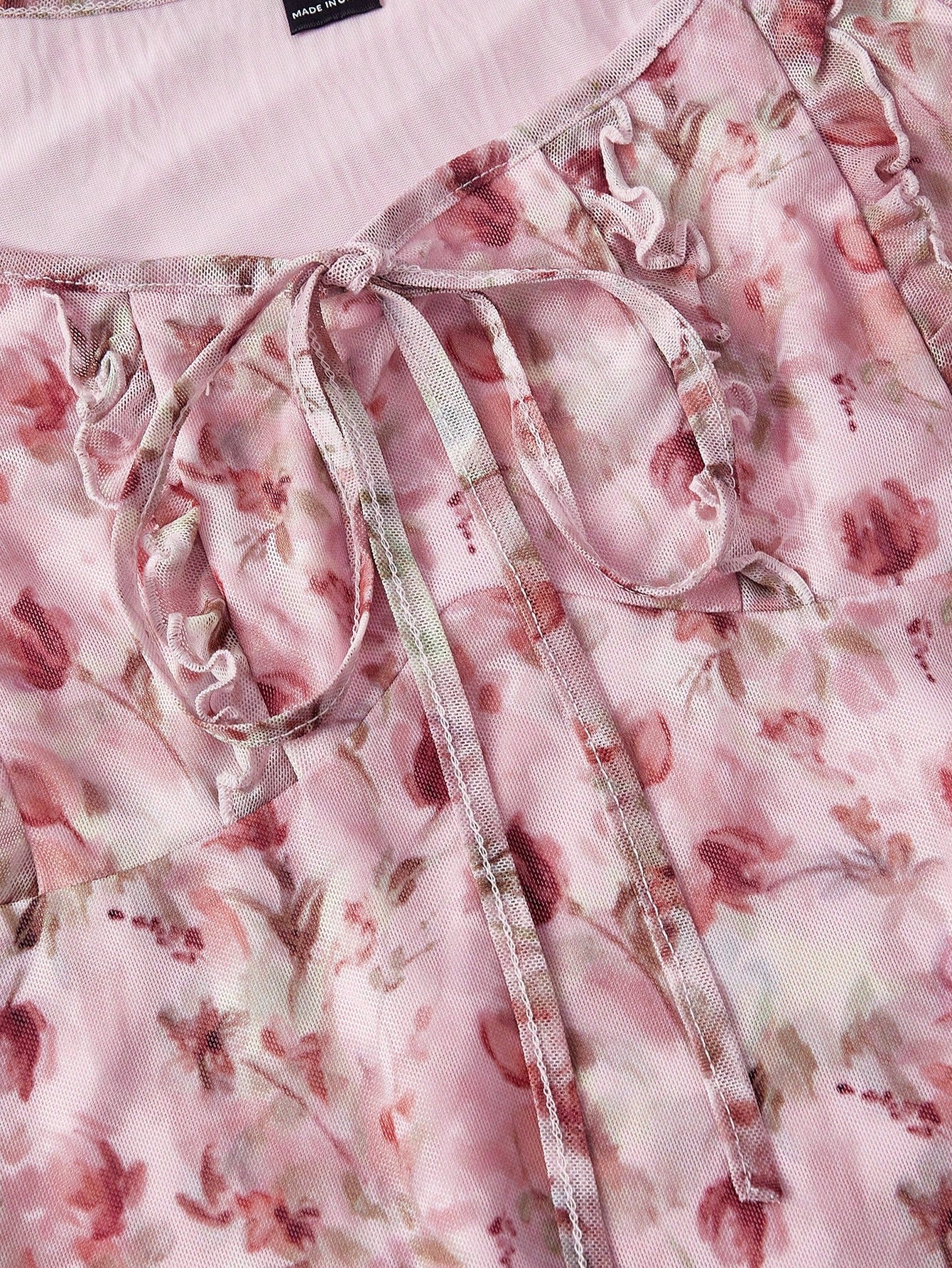 Skyraze Women's Vintage White And Pink Floral Print Knotted Ruched Round Neckline Dress For Summer,Cottage Core Picnic Tea Party Milkmaid Short Summer Dress