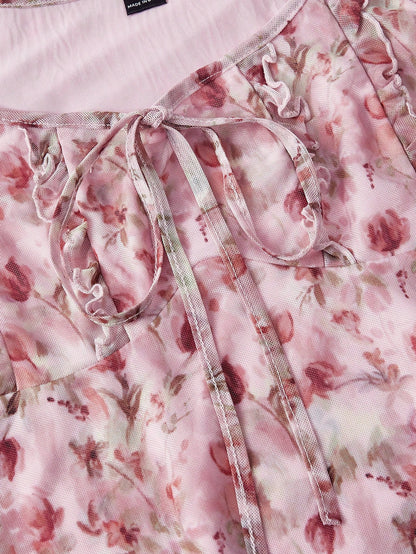 Skyraze Women's Vintage White And Pink Floral Print Knotted Ruched Round Neckline Dress For Summer,Cottage Core Picnic Tea Party Milkmaid Short Summer Dress