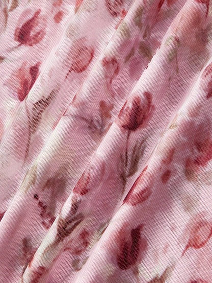 Skyraze Women's Vintage White And Pink Floral Print Knotted Ruched Round Neckline Dress For Summer,Cottage Core Picnic Tea Party Milkmaid Short Summer Dress