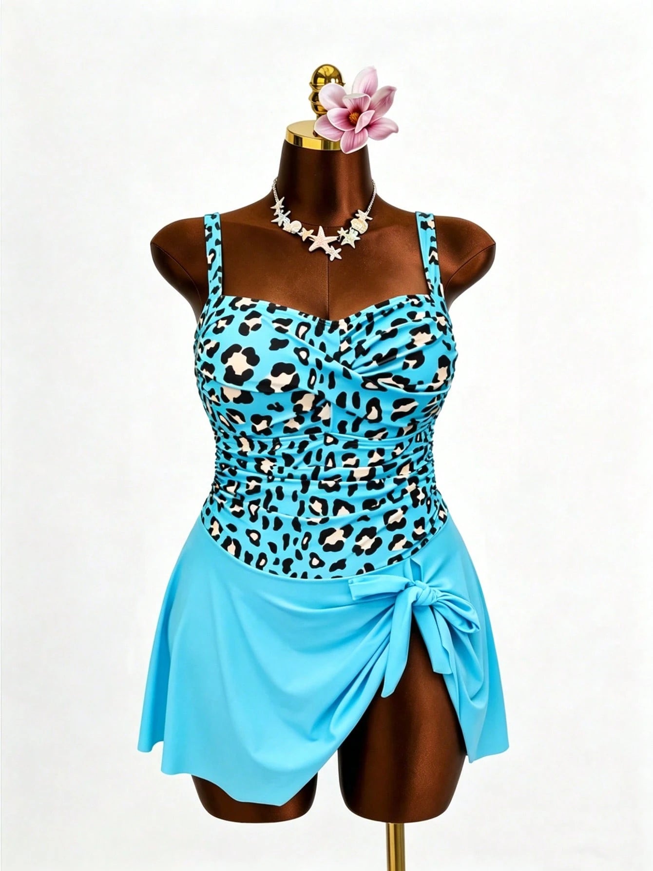 Slaydiva 1pc Plus Size Women Blue Leopard Print One-Piece Swimsuit, Casual Summer Beach Outfit