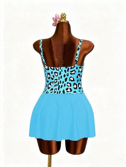Slaydiva 1pc Plus Size Women Blue Leopard Print One-Piece Swimsuit, Casual Summer Beach Outfit