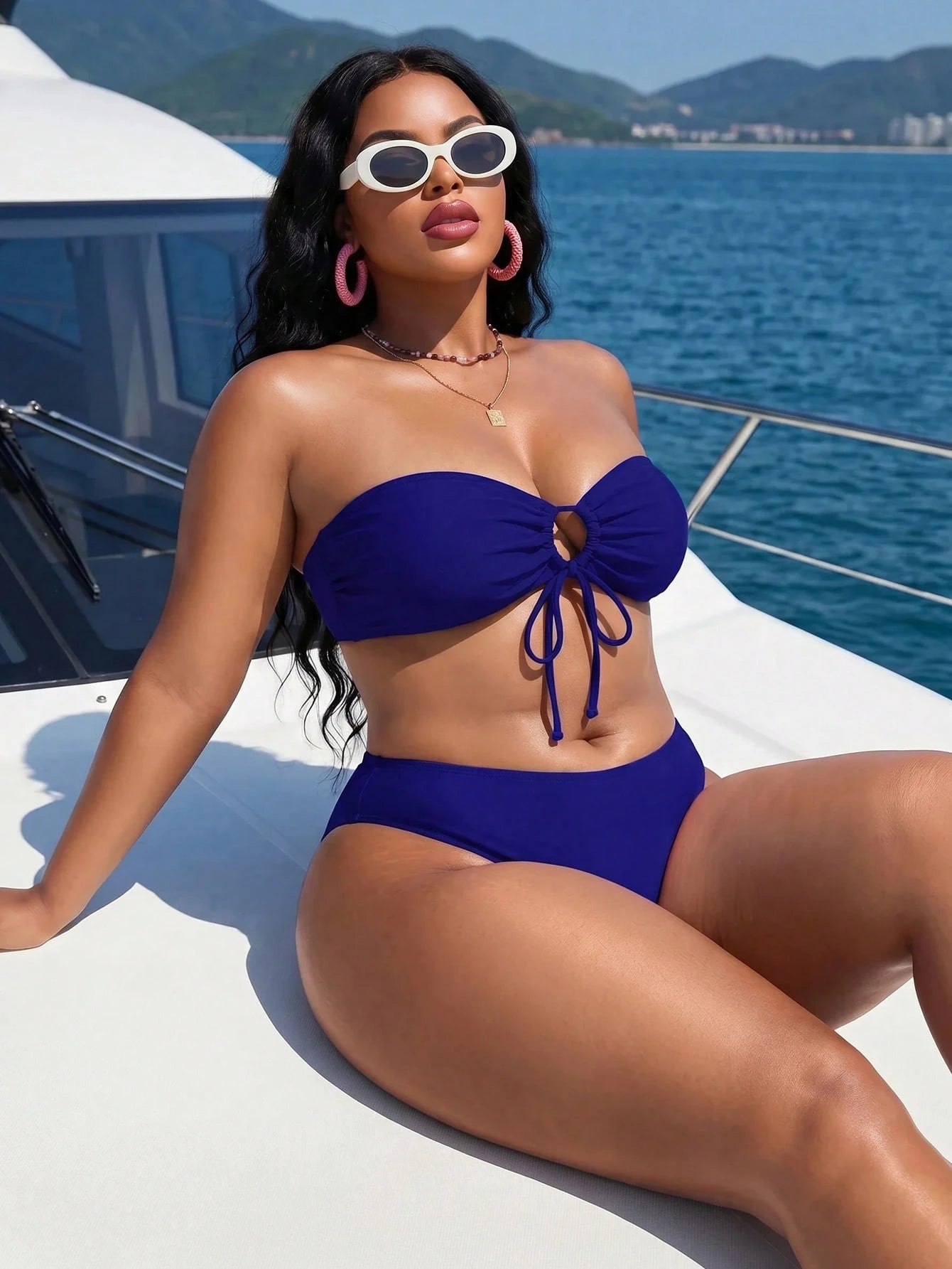 Slaydiva 2026 New Summer Vacation Royal Blue Bandeau Drawstring Plus Size Swimsuit Top Vacation