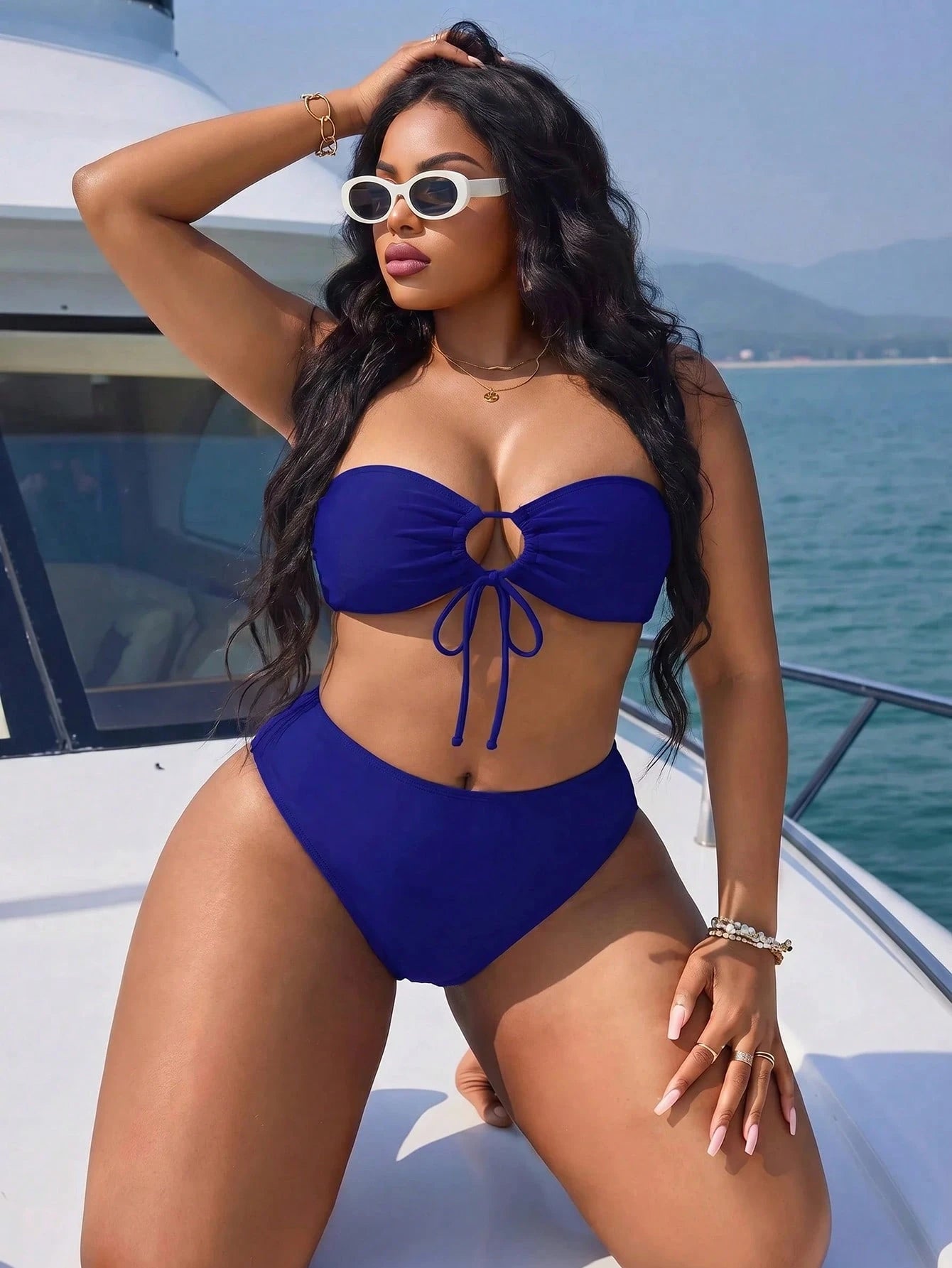 Slaydiva 2026 New Summer Vacation Royal Blue Bandeau Drawstring Plus Size Swimsuit Top Vacation