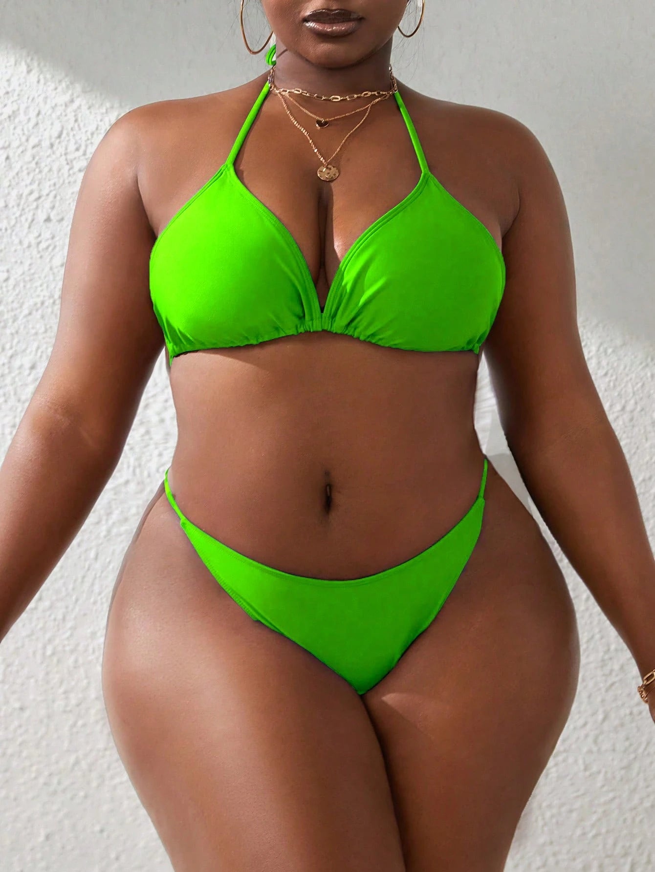 Slaydiva 4Pcs Plus Size Women Halter Neck Splicing Swimwear Set With Loose Long Sleeve Drawstring Mini Skirt,Avocado Green,Summer,Beach,Vacation,Holiday