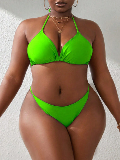 Slaydiva 4Pcs Plus Size Women Halter Neck Splicing Swimwear Set With Loose Long Sleeve Drawstring Mini Skirt,Avocado Green,Summer,Beach,Vacation,Holiday