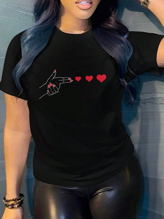 Slaydiva Heart Pattern Casual Round Neck Short Sleeve Regular T-Shirt For Women, Suitable For Summer Suitable For Going Out