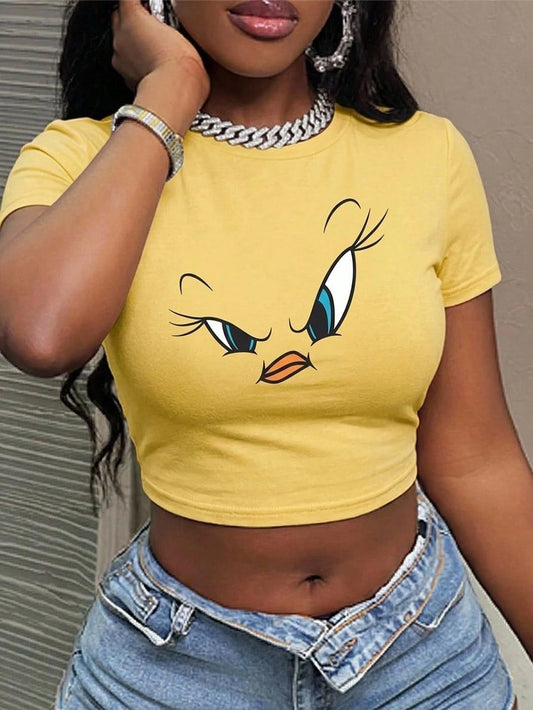 Slaydiva LOONEY TUNES X Casual Street Style Yellow Cartoon Graphic Cropped Round Neck Short Sleeve Fitted Women T-Shirt, Suitable For Spring/Summer