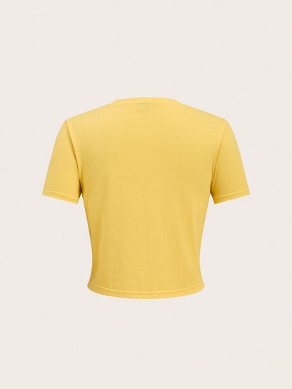 Slaydiva LOONEY TUNES X Casual Street Style Yellow Cartoon Graphic Cropped Round Neck Short Sleeve Fitted Women T-Shirt, Suitable For Spring/Summer