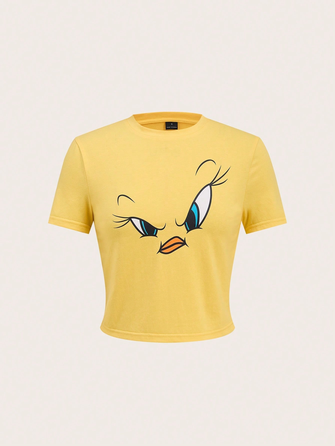 Slaydiva LOONEY TUNES X Casual Street Style Yellow Cartoon Graphic Cropped Round Neck Short Sleeve Fitted Women T-Shirt, Suitable For Spring/Summer