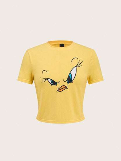 Slaydiva LOONEY TUNES X Casual Street Style Yellow Cartoon Graphic Cropped Round Neck Short Sleeve Fitted Women T-Shirt, Suitable For Spring/Summer