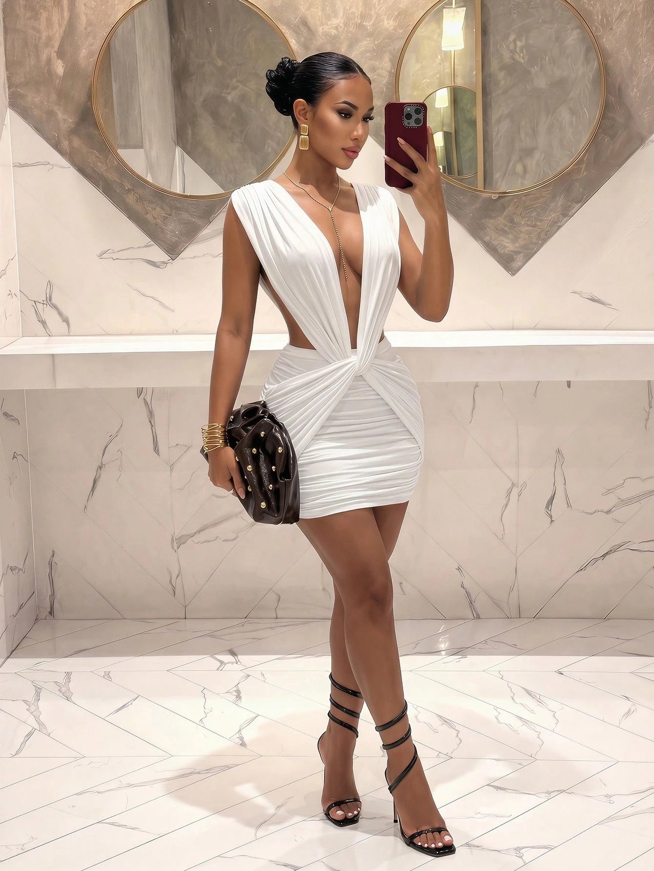 Slaydiva New Elegant Sexy Deep V-Neck Twist Pleated White Mini Dress, Suitable For Party Night Out, Birthday, Bar, Nightclub, Christmas Occasions Summer