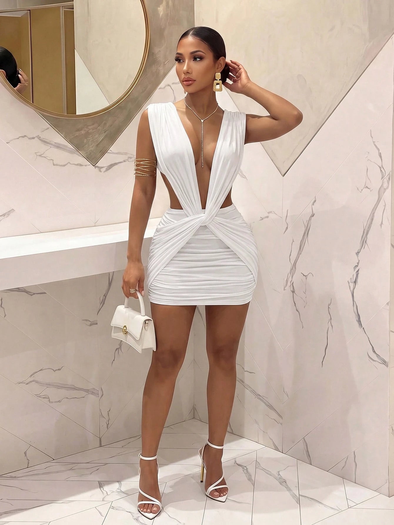Slaydiva New Elegant Sexy Deep V-Neck Twist Pleated White Mini Dress, Suitable For Party Night Out, Birthday, Bar, Nightclub, Christmas Occasions Summer