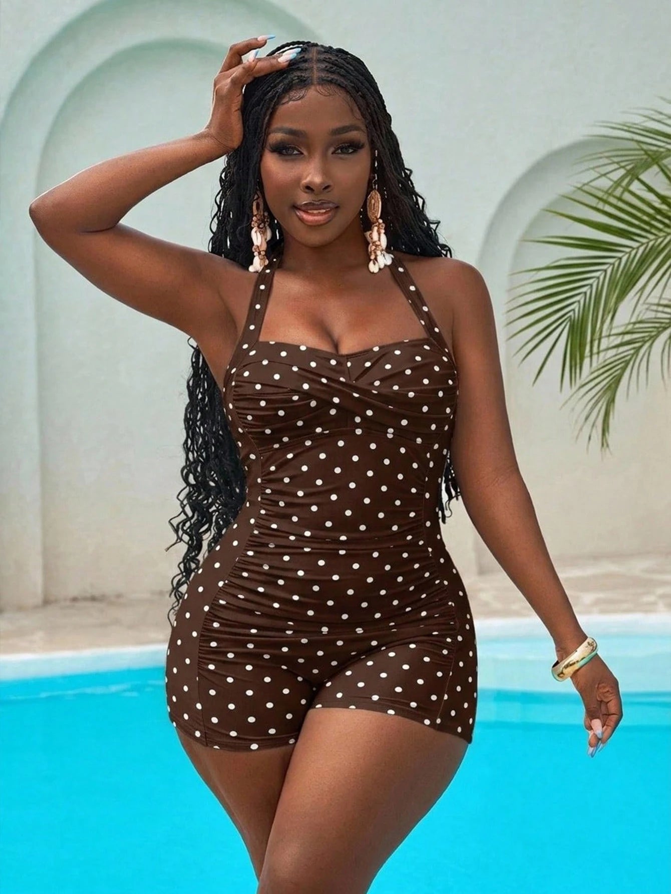 Slaydiva New Plus Size Polka Dot One Piece Swimsuit, Vacation Beach Plus Size Swimsuit, Brown Polka Dot Plus Size Swimsuit, Plus Size Halter Neck Swimsuit, Plus Size One Piece Swimsuit
